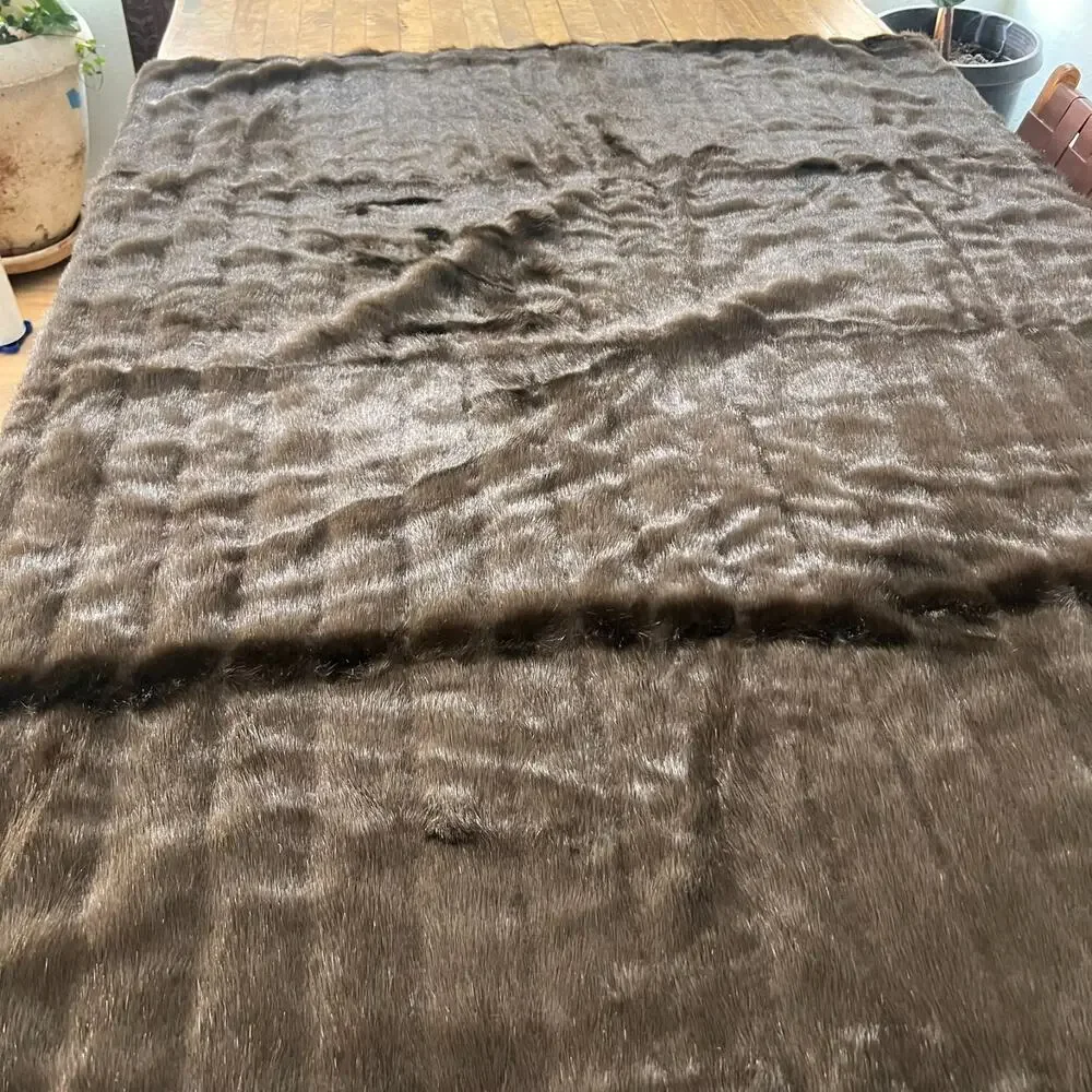 Faux Fur Channeled Mink Throw Blanket 49 x 57 in Brown Cotton Backing